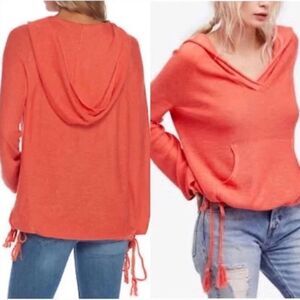 Free People Hoodie Pullover V-Neck Knit Orange Oversized Sweater Women Sz Small